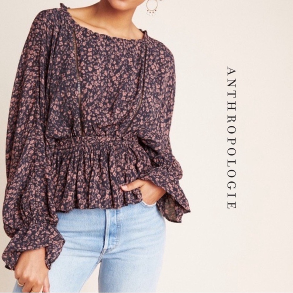 Anthropologie Nichola peplum top billowing sleeves size M - Picture 2 of 9